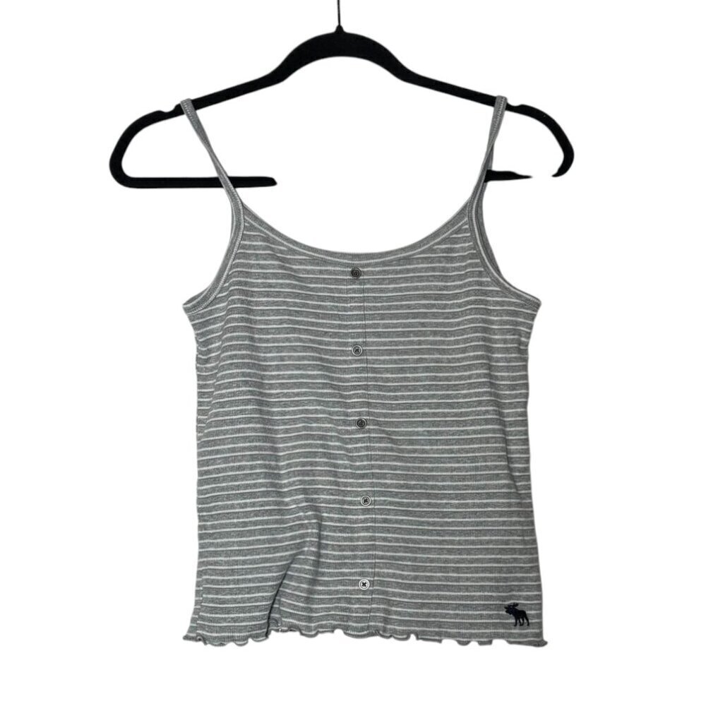 Abercrombie Girls Cami Tank Top Gray White Striped Size 13/14 Button Moose Logo